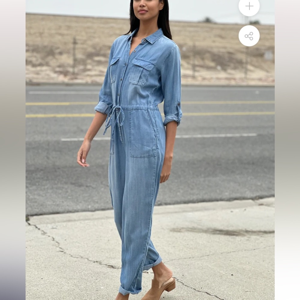 Wash Lab XL Perfect Soft Long sleeve Blue Jumpsuit Drawstring Waist